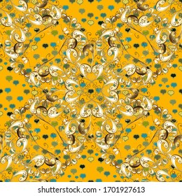 Vector seamless pattern on yellow and beige colors with golden elements. Damask seamless pattern for design.