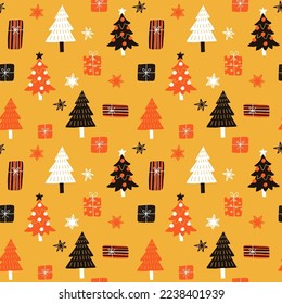 Vector seamless pattern on yellow background. Fir trees and christmas presents in simple doodle style. Ideal for Christmas holidays cards, posters and design