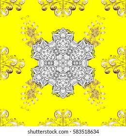 Vector seamless pattern on yellow background with golden elements and with white doodles. Vector illustration. Damask seamless pattern for design.