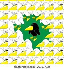 Vector seamless pattern of one black and many white crows