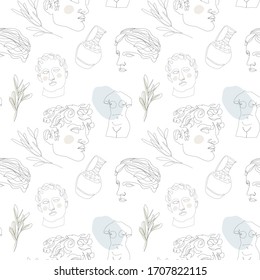 Vector seamless pattern. One continuous line statues, vases, leaves. International Museum Day, May 18. Perfect for flyer, card, poster, booklet