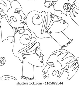 Vector seamless pattern with one line style portraits