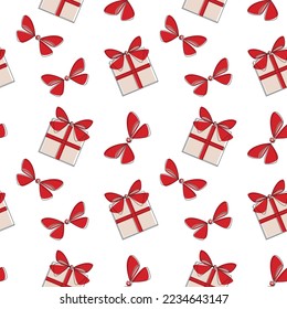 Vector seamless pattern. One line hand drawn gift box bow ribbon background illustration. Wallpaper, festive decor, fabric, print, wrapping paper, New Year or Christmas card.