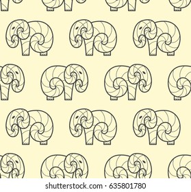 Vector seamless pattern of one line art elephant on beige background. Line art design