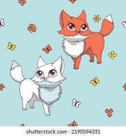 Vector seamless pattern with one red for and one white fox. Vector flat flowers on a blue background. Hand drawn pattern, ready to be used, easy to edit.  