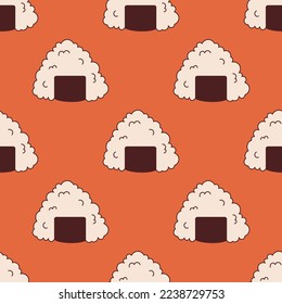 Vector seamless pattern with onigiri in retro style. Rice balls on red background 70s. Groovy asian food.