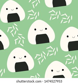 Vector seamless pattern of onigiri and rice on green background
