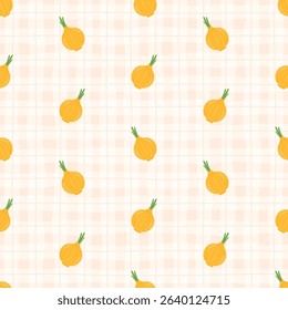 Vector seamless pattern of onion design with checkered textures. Great for wallpaper, baby clothes, harvest prints, and vegan food projects