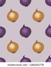 Vector seamless pattern with onion on violet background