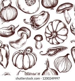 Vector seamless pattern of onions, mushrooms, pumpkins, peppers. Hand drawn vector illustration
