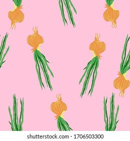 Vector seamless pattern with onions on pastel pink background