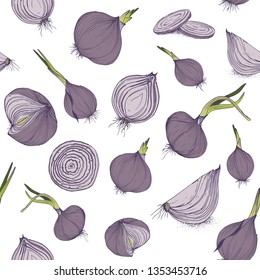 Vector seamless pattern with onions. Vegetable textile garden print with  texture for backgrounds