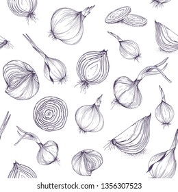  Vector seamless pattern with onions vegetable textile print garden texture for backgrounds