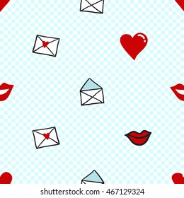 Vector seamless pattern with open envelope, love mail, red heart, smile red lips. Hand drawn cute and funny fashion illustration. Modern doodle pop art sketch 