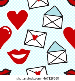 Vector seamless pattern with open envelope, love mail, red heart, smile red lips. Hand drawn cute and funny fashion illustration. Modern doodle pop art sketch 