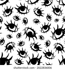Vector seamless pattern open eye with eyelashes isolated on white background. Funny illustration for seasonal design, textile, decoration kids playroom or greeting card. Hand drawn prints and doodle.