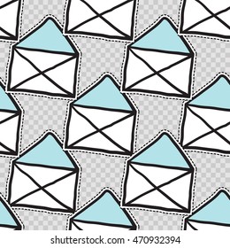 Vector seamless pattern with open mail envelope. Hand drawn cute and funny fashion illustration patches or stickers kit. Modern doodle pop art sketch badges and pins