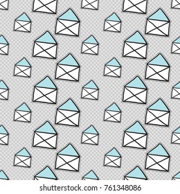 Vector seamless pattern with open mail envelope. Hand drawn cute and funny fashion illustration patches or stickers kit. Modern doodle pop art sketch badges and pins