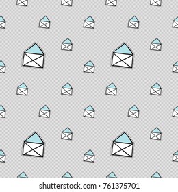 Vector seamless pattern with open mail envelope. Hand drawn cute and funny fashion illustration patches or stickers kit. Modern doodle pop art sketch badges and pins