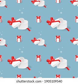 Vector seamless pattern with open white heart shaped gift box with red ribbon bow on blue background. Open gift box seamless pattern. Background for Happy Valentine's Day, Mother's Day, Women's Day.