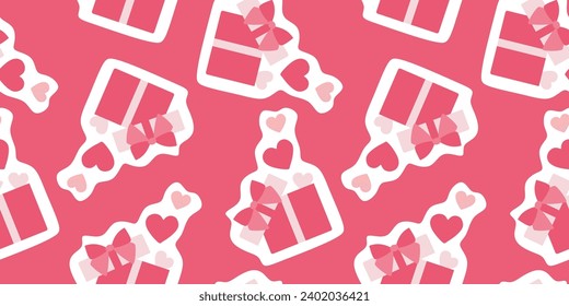 Vector seamless pattern with open white heart shaped gift box with red ribbon bow on blue background. Open gift box seamless pattern. Background for Happy Valentine Day, Mother Day, Women Day.
