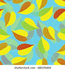 Vector seamless pattern.  Openwork colorful autumn leaves on blue background. Picture of falling leaves for decoration background on autumn theme.