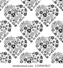 Vector seamless pattern from openwork gray hearts on a white background, from hand made, artistic, textured. Cute illustration of a sign of love.