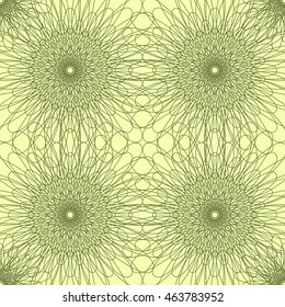 Vector seamless pattern. Openwork lace flowers on light yellow background.