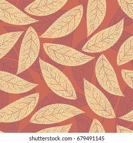 Vector seamless pattern. Openwork multi-colored autumn leaves in contrasting colors . Picture of falling leaves for decoration background on autumn theme.