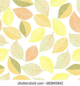 Vector seamless pattern. Openwork multicolored autumn leaves in contrasting colors . Picture of falling leaves for decoration background on autumn theme.