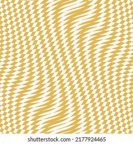 Vector seamless pattern with optical illusion effect. Simple abstract background with distorted checkered grid. Op art texture. Deformed surface. Yellow color. Retro vintage style repeat geo design