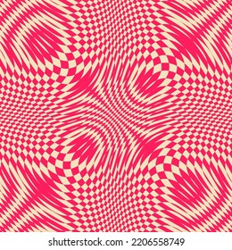 Vector seamless pattern with optical illusion effect. Simple abstract background, distorted checkered grid. Op art. Warp surface. Retro vintage 1960's - 1970's style. Pink psychedelic repeat design