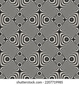 Vector seamless pattern with optical illusion effect. Simple abstract background, distorted checkered grid. Op art. Deformed warp surface. Retro 1960s - 1970s style. Black and white psychedelic design