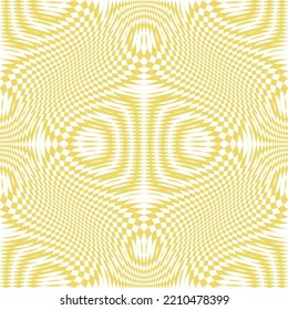 Vector seamless pattern with optical illusion effect. Simple abstract background, distorted checkered grid. Op art. Warp surface. Retro vintage 1960's - 1970's style. Yellow psychedelic endless design