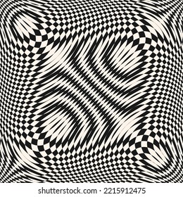 Vector seamless pattern with optical illusion effect. Simple abstract background with distorted checkered grid. Black and white op art texture. Deformed surface. Trendy retro vintage style geo design