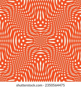 Vector seamless pattern with optical illusion effect. Simple abstract background, distorted checkered grid. Optical art. Warp surface. Retro vintage 1960s - 1970s style design. Bright orange color