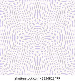 Vector seamless pattern with optical illusion effect. Simple abstract background, distorted checkered grid. Optical art. Warp surface. Retro vintage 1960s - 1970s style design. Lilac and white color