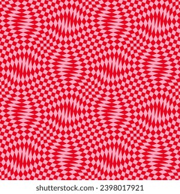 Vector seamless pattern with optical illusion effect. Simple abstract background with distorted checkered grid. Op art texture. Vibrant red and pink deformed surface. Retro groovy funky repeat design