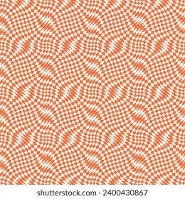 Vector seamless pattern with optical illusion effect. Simple abstract background with distorted checkered grid. Op art texture. Orange colored deformed surface. Retro groovy funky repeating design