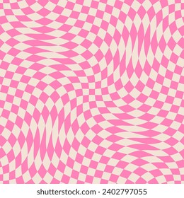 Vektornahtloses Muster mit optischem Täuschungseffekt. Einfach abstrakter Hintergrund mit verzerrtem Schachbrett. Op art Texture. Heiße, rosa und beige deformierte Oberfläche. Retro-Movie-Design