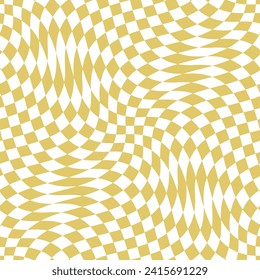 Vector seamless pattern with optical illusion effect. Simple abstract background with distorted checkered grid. Op art texture. Trendy golden deformed surface. Retro vintage groovy repeated design
