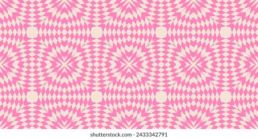 Vector seamless pattern with optical illusion effect, kaleidoscope. Abstract checkered ornament texture. Retro style funky background. Hot pink color. Trendy repeated design for decor, print, package