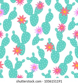 Vector seamless pattern with opuntia and flowers on white background. Perfect for wallpaper, gift paper and summer greetings.
