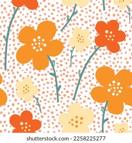 Vector seamless pattern with orange abstract flowers on a light background.