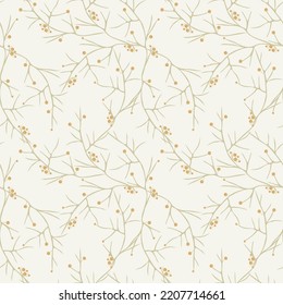 Vector seamless pattern with orange berries on the  gray branches. Elegant floral texture in pastel colors. Simple abstract vegetal ornament. Stylish natural wallpapers, fabric. Modern repeat design