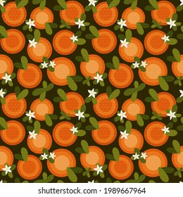 Vector seamless pattern. Orange blossom. Flowers, fruits, oranges and leaves.