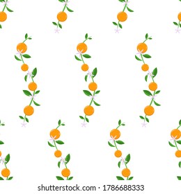 Vector seamless pattern of orange branches with leaves on a white background. For printing on fabrics, packaging, napkins, as well as various backgrounds.
