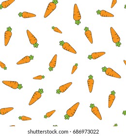 Vector seamless pattern with orange carrots on white background. Vegetable summer pattern, colorful illustration for design.