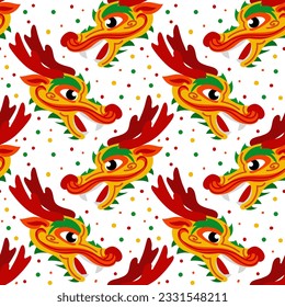 Vector seamless pattern with orange Chinese dragon heads. Hand-drawn. Abstract art print. Wallpaper, fabric design, fabric, napkin, textile design template, background. Mythological Year of the Dragon