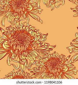 Vector seamless pattern with orange chrysanthemums. Hand-drawing illustration. Stylized traditional Chinese painting, orange background.